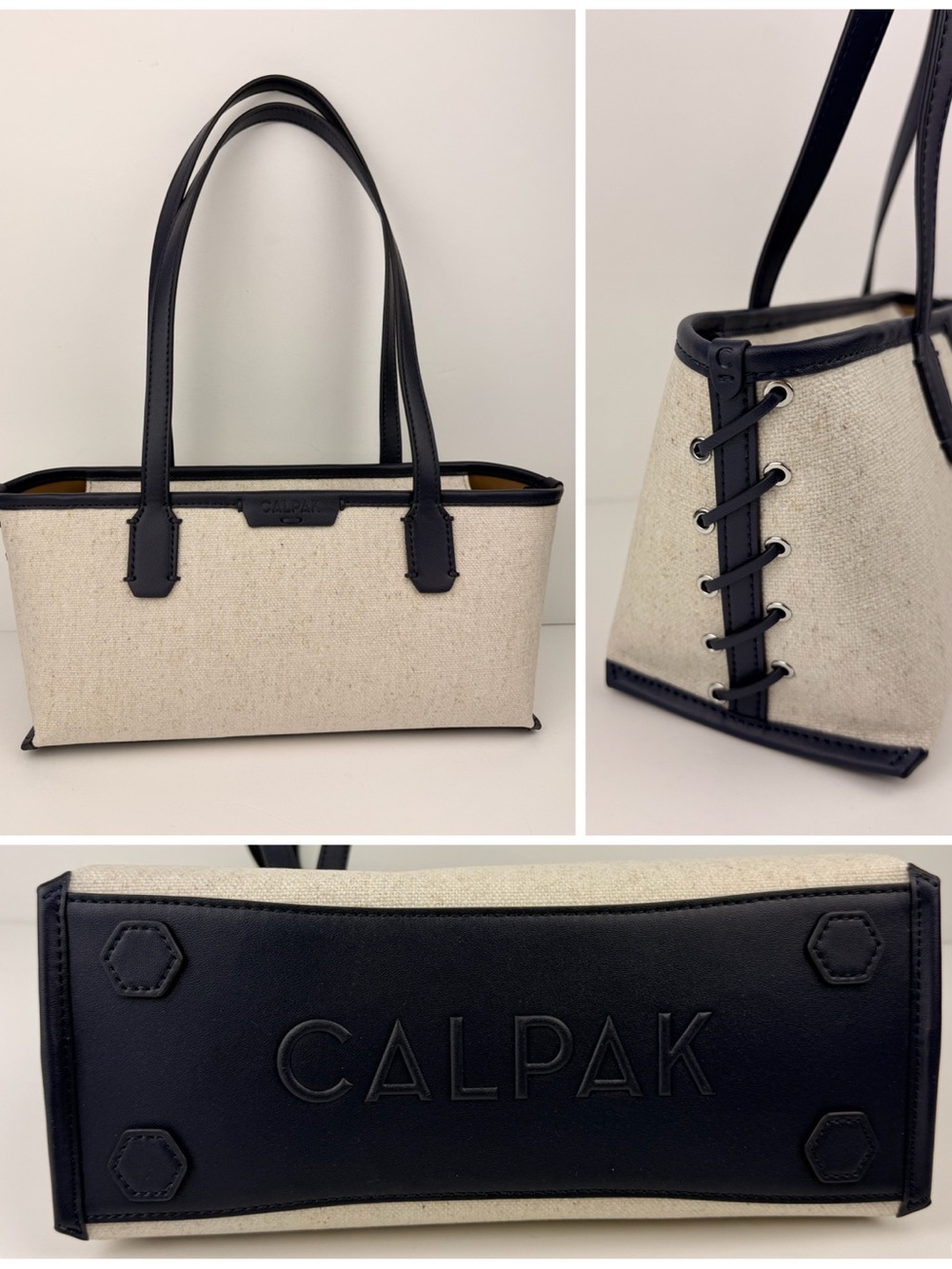 CALPAK Colette Canvas Shoulder Tote in Natural Navy
